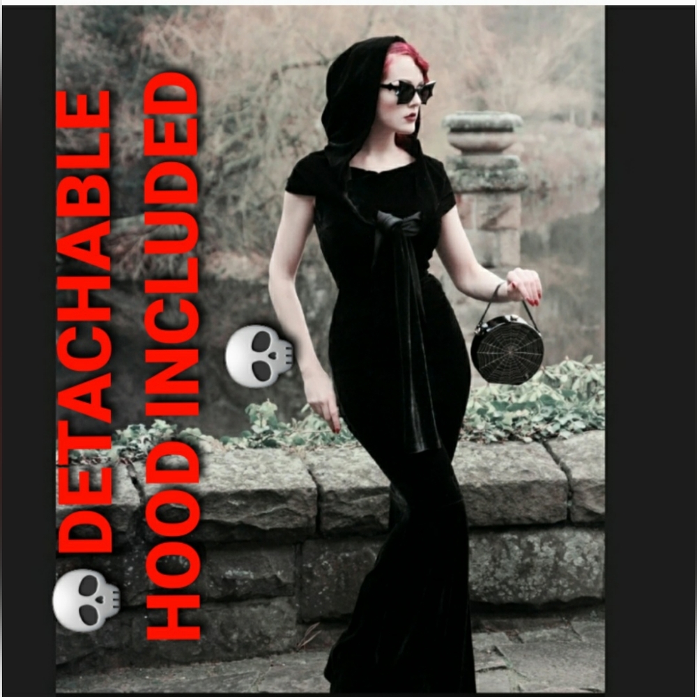 Tatyana Nightshade Glamour Ghoul Hourglass Floor Length Velvet Gown Detach Hood